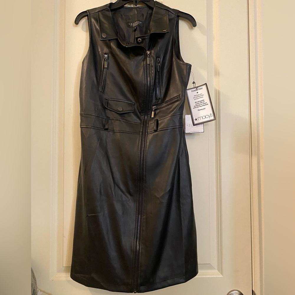 NWT Katie Laundry size 10 Black Leather Sleeveless Dress
